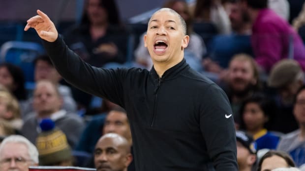 Los Angeles Clippers coach Tyronn Lue gestures during the first half of the game against the Golden State Warriors at Chase Center in San Francisco on Feb. 14, 2024.