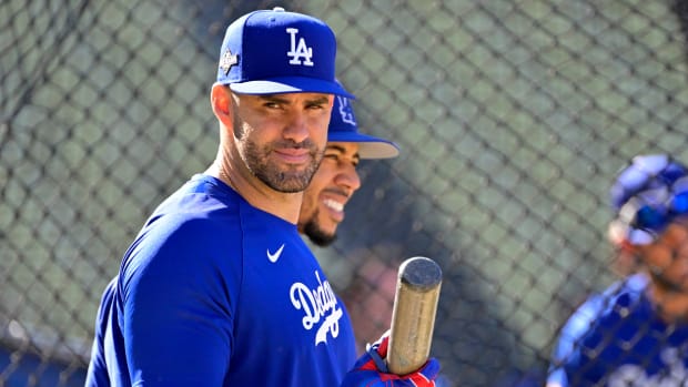 Oct 7, 2023; Los Angeles, California, USA; Los Angeles Dodgers designated hitter J.D. Martinez (28) during batting practice before game one of the NLDS for the 2023 MLB playoffs against the Arizona Diamondbacks at Dodger Stadium. Mandatory Credit: Jayne Kamin-Oncea-USA TODAY Sports