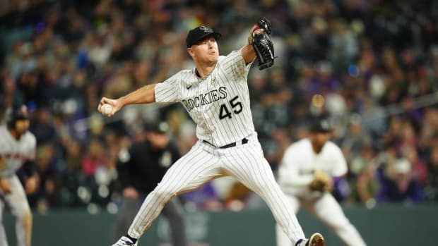 Sep 15, 2023; Denver, Colorado, USA; Colorado Rockies starting pitcher Chase Anderson (45) delivers a pitch in the seventh inning against the San Francisco Giants at Coors Field.