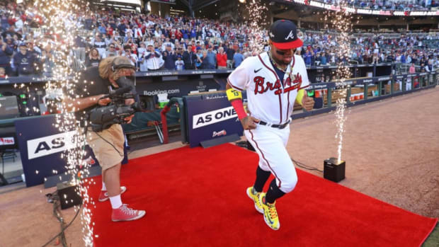 Atlanta Braves right fielder Ronald Acuña Jr. (13) is introduced before playing the Philadelphia Phillies during game one of the NLDS for the 2023 MLB playoffs at Truist Park.
