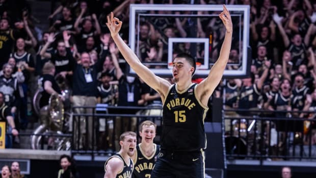 Purdue Boilermakers center Zach Edey (15) celebrates a made basket in the second half against the Indiana Hoosiers at Mackey Arena in West Lafayette, Indiana, on Feb. 10, 2024.