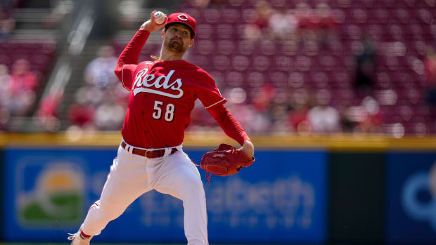 Cincinnati Reds starting pitcher Levi Stoudt (58) throws a pitch in his MLB debut during the first inning of the MLB Interleague game between the Cincinnati Reds and the Tampa Bay Rays at Great American Ball Park in downtown Cincinnati on Wednesday, April 19, 2023.