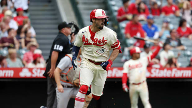 Sep 17, 2023; Anaheim, California, USA; Los Angeles Angels left fielder Randal Grichuk (15) reacts to his two-run home run during the sixth inning against the Detroit Tigers at Angel Stadium.