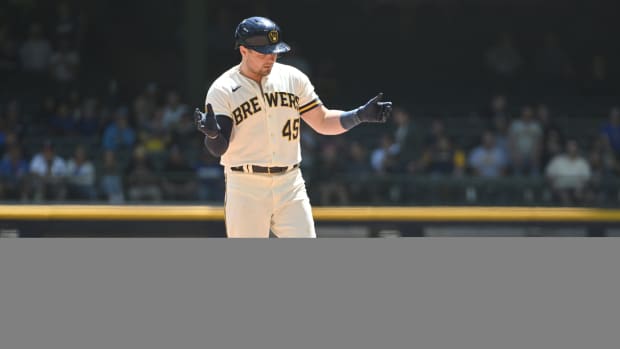May 10, 2023; Milwaukee, Wisconsin, USA; Milwaukee Brewers first baseman Luke Voit (45) celebrates hitting a double against the Los Angeles Dodgers at American Family Field.