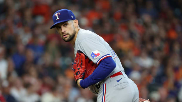 Texas Rangers starting pitcher Nathan Eovaldi prepares to pitch in the sixth inning against the Houston Astros during Game 2 of the 2023 ALCS at Minute Maid Park.