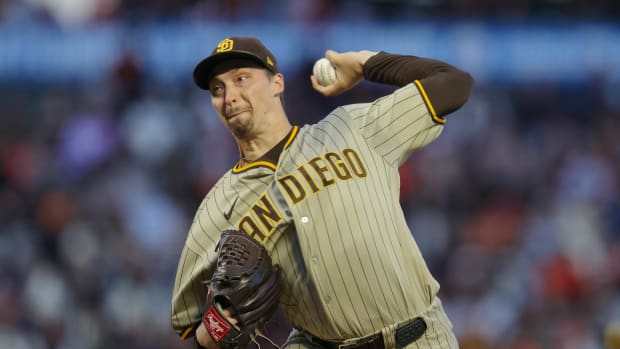 Sep 25, 2023; San Francisco, California, USA; San Diego Padres starting pitcher Blake Snell (4) pitches during the first inning against the San Francisco Giants at Oracle Park.