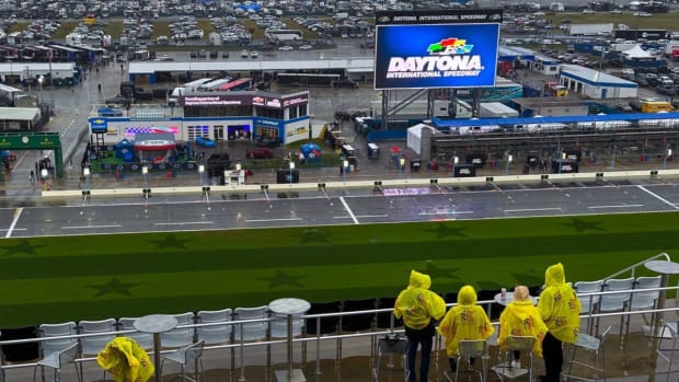 Rain falls on the Daytona International Speedway.