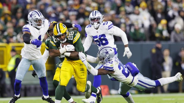 Nov 13, 2022; Green Bay, Wisconsin, USA; Green Bay Packers running back AJ Dillon (28) during the game against the Dallas Cowboys at Lambeau Field.