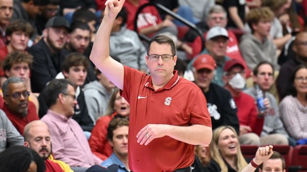 Feb 10, 2024; Stanford, California, USA; Stanford Cardinal head coach Jerod Haase instructs during the first half against the USC Trojans at Maples Pavilion. Mandatory Credit: Robert Edwards-USA TODAY Sports