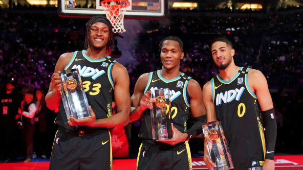 Indiana Pacers' Myles Turner, Bennedict Mathurin, and Tyrese Haliburton at NBA All Star Weekend