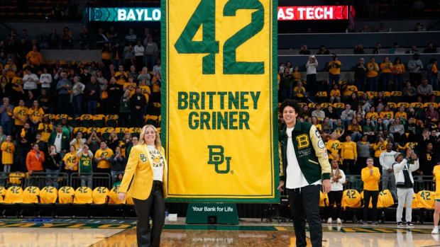 Feb 18, 2024; Waco, Texas, USA; The Baylor Lady Bears retire jersey #42 Brittney Griner during a ceremony before a game against the Texas Tech Red Raiders at Paul and Alejandra Foster Pavilion.
