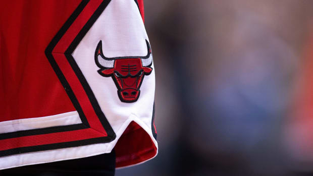 A view of the Chicago Bulls logo during the game between the Dallas Mavericks and the Bulls at the American Airlines Center. The Bulls defeated the Mavericks 100-91.