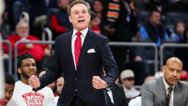 St. John's Red Storm head coach Rick Pitino yells out instructions in the first half against the Seton Hall Pirates at UBS Arena in Elmont, New York, on Feb. 18, 2024.