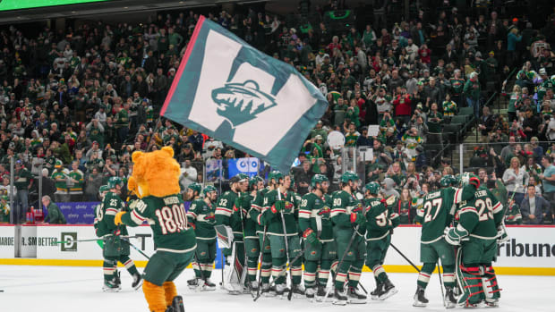 Feb 19, 2024; Saint Paul, Minnesota, USA; The Minnesota Wild defeat the Vancouver Canucks 10-7, scoring a franchise record at home in the third period at Xcel Energy Center.