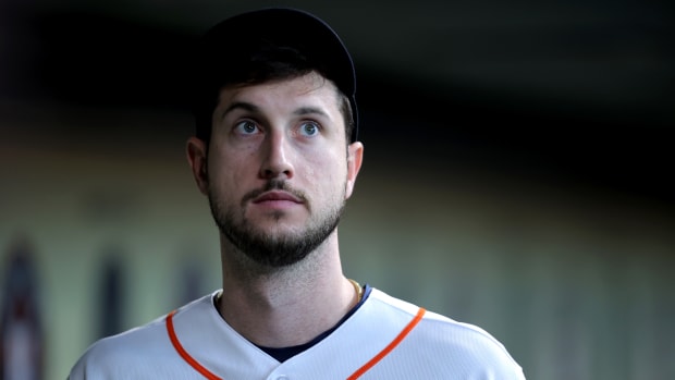 Aug 24, 2023; Houston, Texas, USA; Houston Astros right fielder Kyle Tucker (30) in the dugout prior to the game against the Boston Red Sox at Minute Maid Park. Mandatory Credit: Erik Williams-USA TODAY Sports
