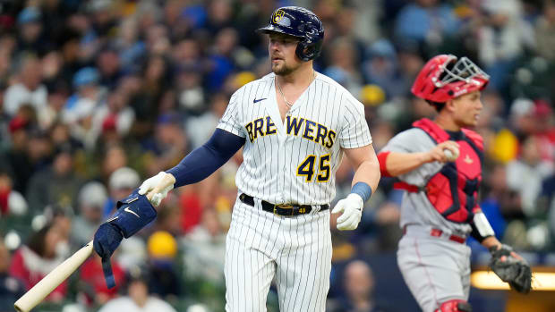 Brewers designated hitter Luke Voit (45) walks on a full count during the seventh inning against the Angels on Sunday April 30, 2023 at American Family Field in Milwaukee, Wis.
