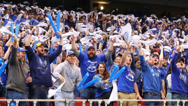 Feb 23, 2020; St. Louis, Missouri, USA; St. Louis Battlehawks fans cheer during the first half of an XFL game against the New York Guardians at The Dome at America's Center. Mandatory Credit: Billy Hurst-USA TODAY Sports  