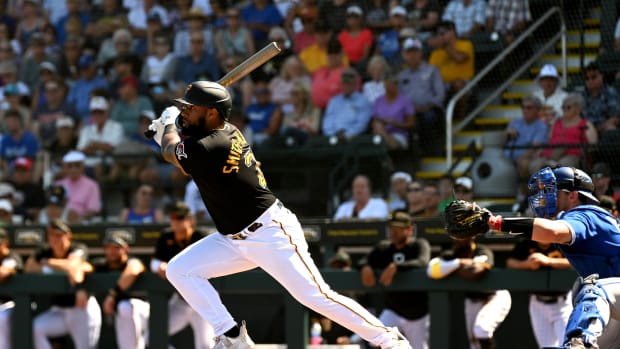 Mar 7, 2023; Bradenton, Florida, USA; Pittsburgh Pirates right fielder Canaan Smith-Njigba (28) bats in the second inning of a spring training game against the Toronto Blue Jays at LECOM Park.