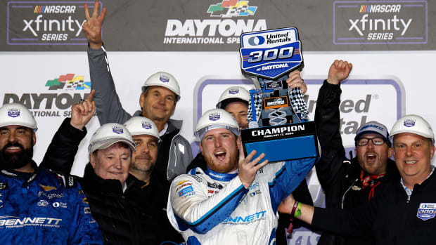 Austin Hill celebrates in victory lane after winning the NASCAR Xfinity Series United Rentals 300 at Daytona International Speedway on Monday. (Photo by Chris Graythen/Getty Images)