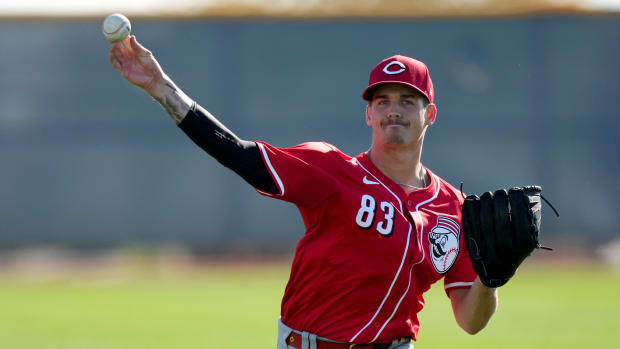 Feb 15, 2024; Goodyear, AZ, USA; Cincinnati Reds non-roster invitee pitcher Chase Petty (93) throws during spring training workouts. Mandatory Credit: Kareem Elgazzar-USA TODAY Sports  