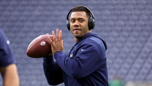 Dec 3, 2023; Houston, Texas, USA; Denver Broncos quarterback Russell Wilson (3) warms up before the game against the Houston Texans at NRG Stadium. Mandatory Credit: Troy Taormina-USA TODAY Sports