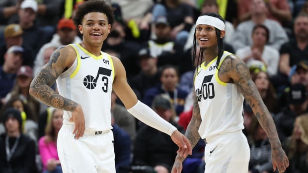 Jan 13, 2024; Salt Lake City, Utah, USA; Utah Jazz guard Keyonte George (3) and guard Jordan Clarkson (00) reacts to a play against the Los Angeles Lakers during the fourth quarter at Delta Center. Mandatory Credit: Rob Gray-USA TODAY Sports
