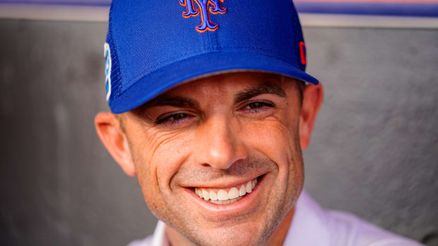 Mar 2, 2023; Port St. Lucie, Florida, USA; Former New York Mets third baseman David Wright talks to press prior to a game between the New York Mets and the Atlanta Braves at Clover Park.