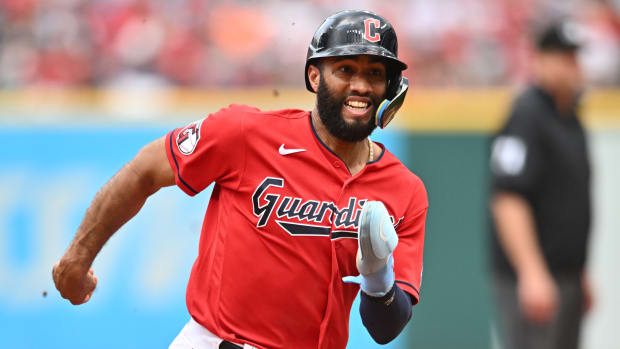 Jul 8, 2023; Cleveland, Ohio, USA; Cleveland Guardians shortstop Amed Rosario (1) advances to third during the sixth inning against the Kansas City Royals at Progressive Field.