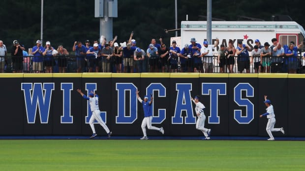 UK baseball ran a lap around Kentucky Proud Park to thank fans as they celebrated a 4-2 victory against Indiana during the NCAA Regional final in Lexington Ky. on June 5, 2023. The win earned UK a spot in the upcoming Super Regional in Louisiana.