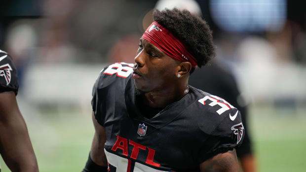 Aug 13, 2021; Atlanta, Georgia, USA; Atlanta Falcons safety Marcus Murphy (38) on the field against the Tennessee Titans at Mercedes-Benz Stadium. Mandatory Credit: Dale Zanine-USA TODAY Sports  