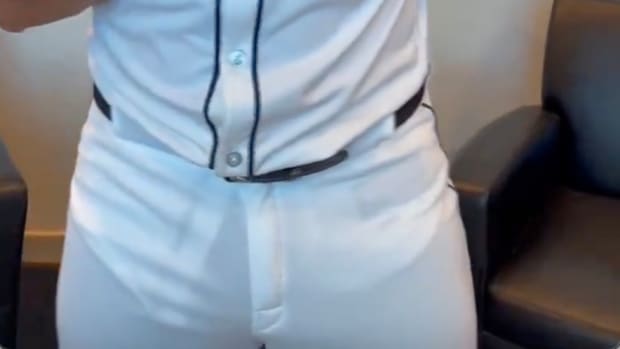 Closeup of Mariners catcher Cal Raleigh's uniform pants