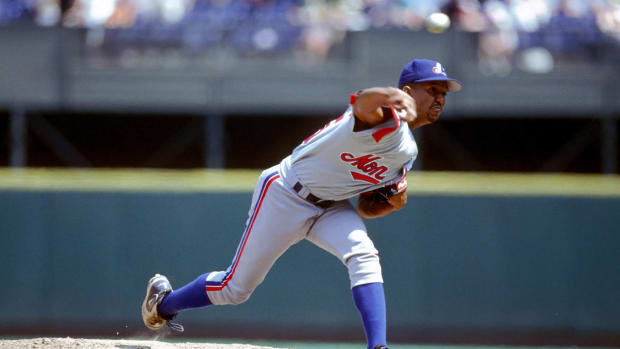 Cincinnati, OH, USA; FILE PHOTO; Montreal Expos pitcher (45) Pedro Martinez in action against the Cincinnati Reds during the 1997 season at Riverfront Stadium.