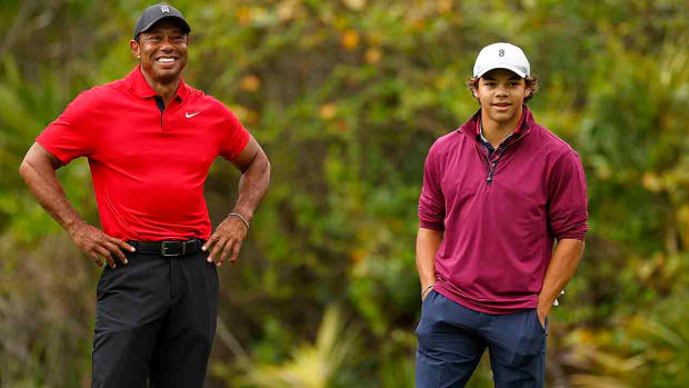 Tiger Woods and son Charlie are pictured at the 2023 PNC Championship in Orlando, Fla.