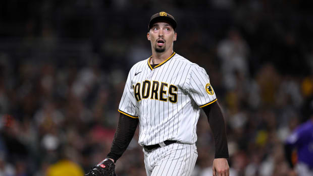 Sep 19, 2023; San Diego, California, USA; San Diego Padres starting pitcher Blake Snell (4) reacts after pitching the seventh inning against the Colorado Rockies at Petco Park.