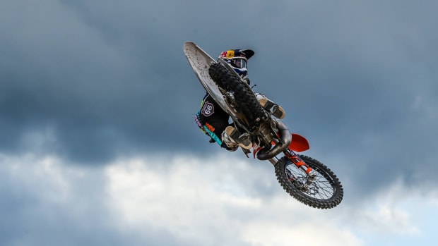 A motocross rider competes in the 2016 X Games.