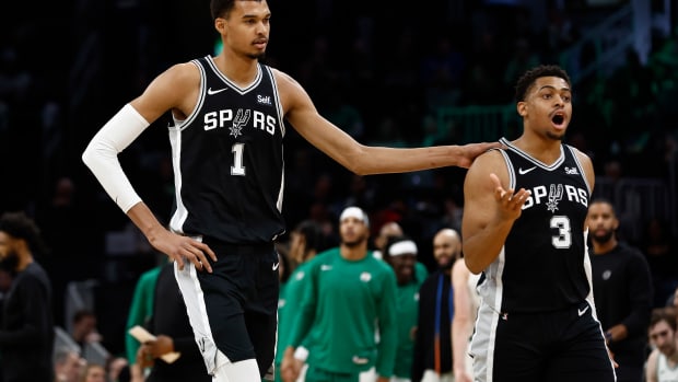 Wembanyama and Johnson during the Spurs’ 117-98 loss to the Celtics on Jan. 17, 2024.