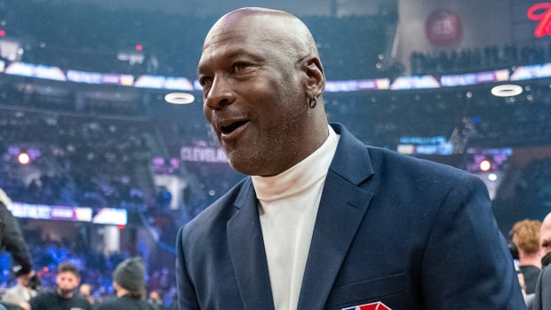 NBA great Michael Jordan is honored for being selected to the NBA 75th Anniversary Team during halftime in the 2022 NBA All-Star Game at Rocket Mortgage FieldHouse.