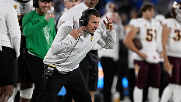 Arizona State coach Kenny Dillingham reacts to a play.
