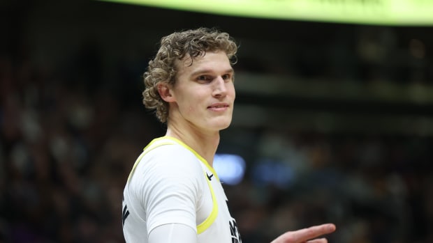 Jan 13, 2024; Salt Lake City, Utah, USA; Utah Jazz forward Lauri Markkanen (23) reacts to a call for the Los Angeles Lakers during the second quarter at Delta Center. Mandatory Credit: Rob Gray-USA TODAY Sports