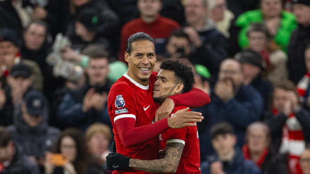Goalscorers Virgil van Dijk (left) and Luis Diaz pictured celebrating during Liverpool's 4-1 win over Luton Town in February 2024