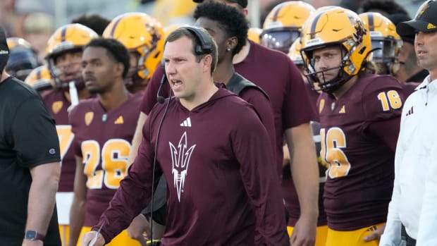 Arizona State head coach Kenny Dillingham reacts to a play during the fourth quarter against Arizona at Mountain America Stadium in Tempe on Dec. 13, 2023.