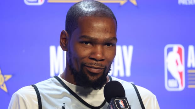 Suns forward Kevin Durant speaks to media ahead of the 2024 All-Star game.
