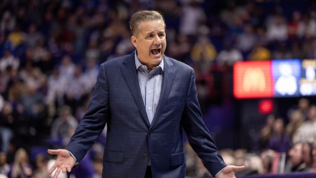 Feb 21, 2024; Baton Rouge, Louisiana, USA; Kentucky Wildcats head coach John Calipari reacts to a play against the LSU Tigers during the second half of the game at Pete Maravich Assembly Center. Mandatory Credit: Stephen Lew-USA TODAY Sports