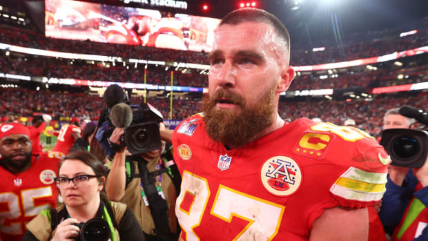 Kansas City Chiefs tight end Travis Kelce celebrates on the field after defeating the San Francisco 49ers in Super Bowl LVIII at Allegiant Stadium.
