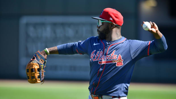 Atlanta Braves outfielder Michael Harris II (#23) warms up at the start of practice Tuesday, Feb. 20, 2024 at CoolToday Park in North Port, Florida.  