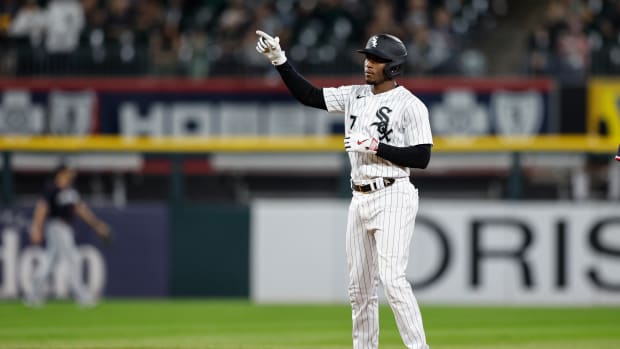 Sep 16, 2023; Chicago, Illinois, USA; Chicago White Sox shortstop Tim Anderson (7) reacts after hitting one run double against the Minnesota Twins during the seventh inning at Guaranteed Rate Field.