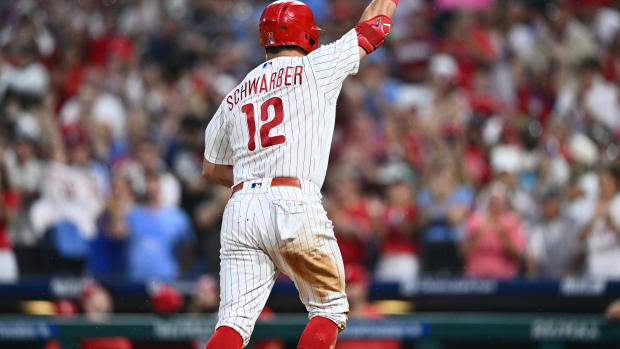 Sep 9, 2023; Philadelphia, Pennsylvania, USA; Philadelphia Phillies outfielder Kyle Schwarber (12) reacts after hitting a three-run home run against the Miami Marlins in the second inning at Citizens Bank Park. Mandatory Credit: Kyle Ross-USA TODAY Sports
