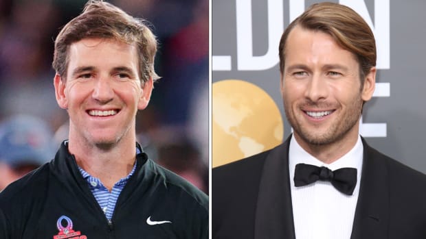 A split image of Eli Manning and Glen Powell.