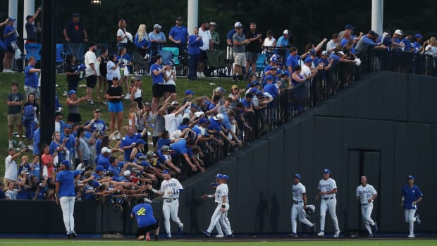 UK baseball ran a lap around Kentucky Proud Park to thank fans as they celebrated a 4-2 victory against Indiana during the NCAA Regional final in Lexington Ky. on June 5, 2023. The win earned UK a spot in the upcoming Super Regional in Louisiana.