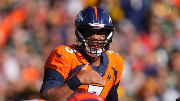 Oct 22, 2023; Denver, Colorado, USA; Denver Broncos quarterback Russell Wilson (3) during the first quarter against the Green Bay Packers at Empower Field at Mile High. Mandatory Credit: Ron Chenoy-USA TODAY Sports